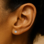 Close-up of an ear wearing a diamond stud earring with a blurred background