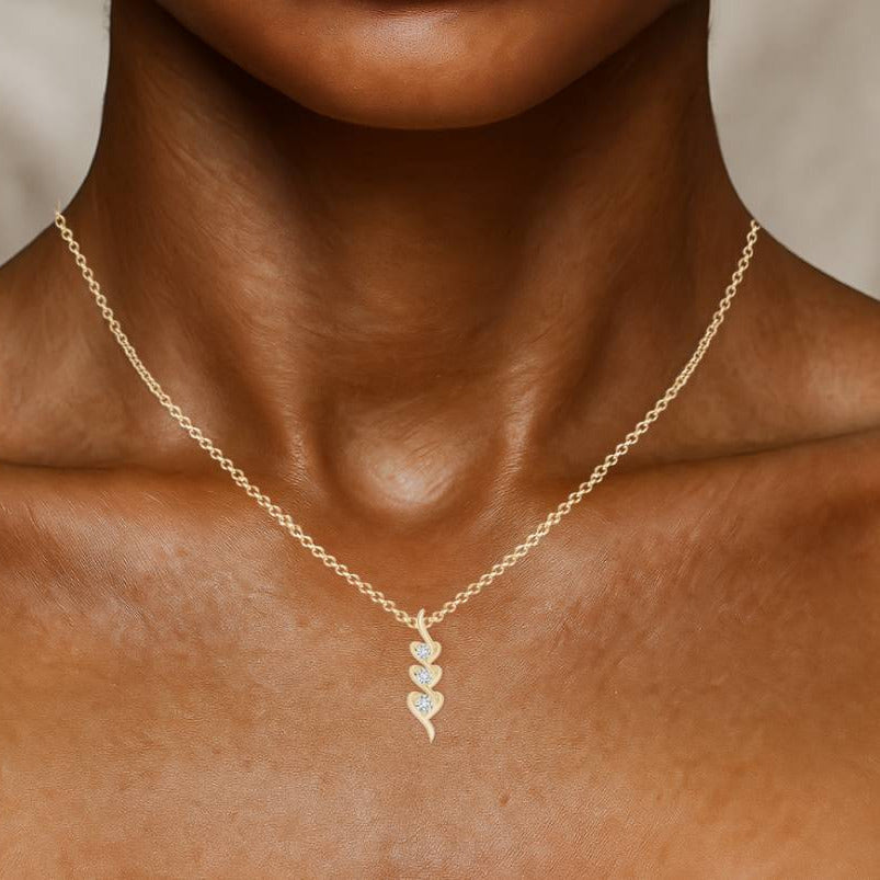 Gold necklace with a heart-shaped pendant on a person's neck against a neutral background