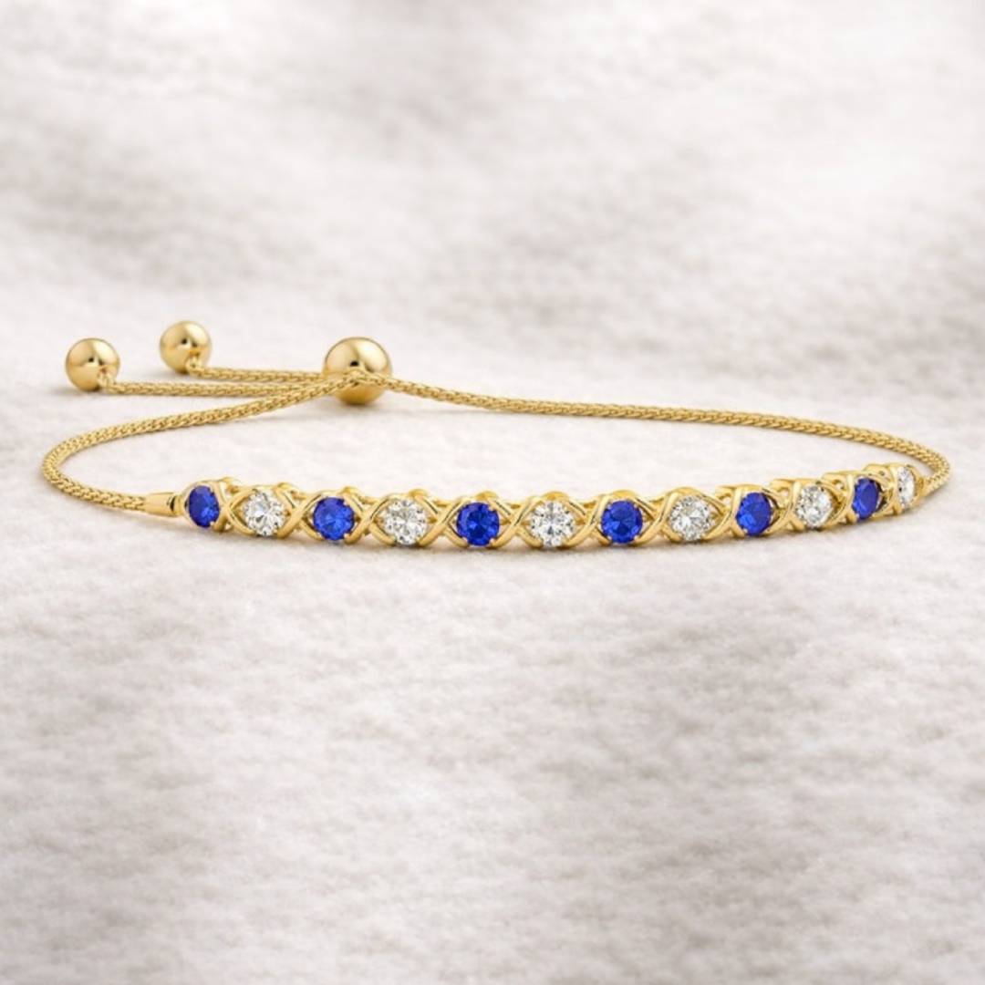 צמיד זהב אלגנטי המשלב ספירים כחולים טבעיים עם יהלומים טבעיים, הצמיד עשוי זהב 14