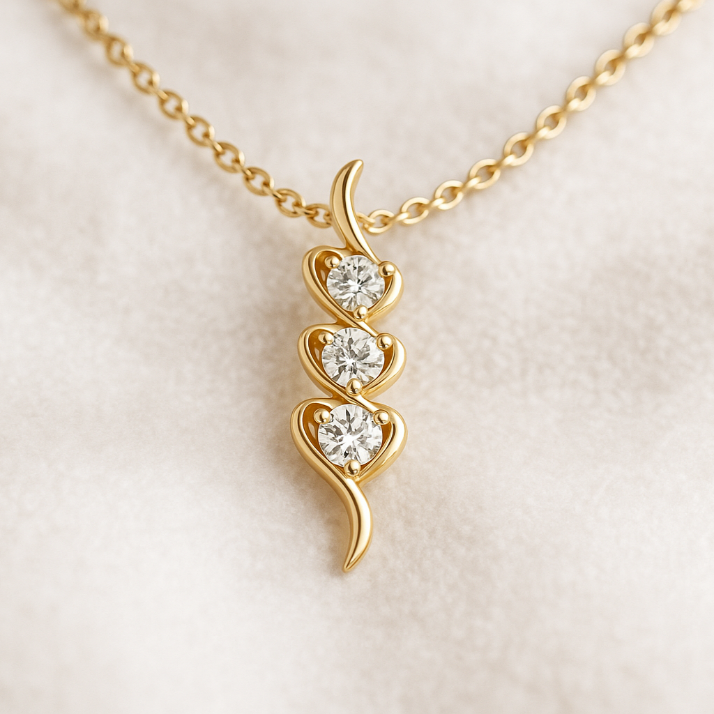 Gold necklace with a leaf-shaped pendant on a light beige background