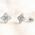 Pair of diamond earrings on a light beige background