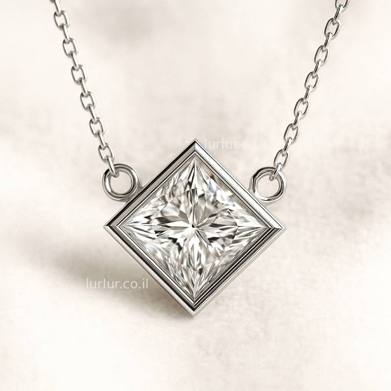 necklace with a square-cut diamond pendant on a light background