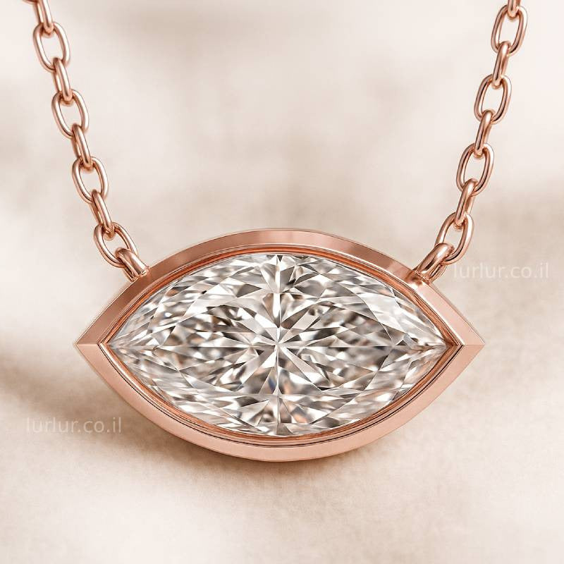 Rose gold necklace with a diamond pendant on a beige background
