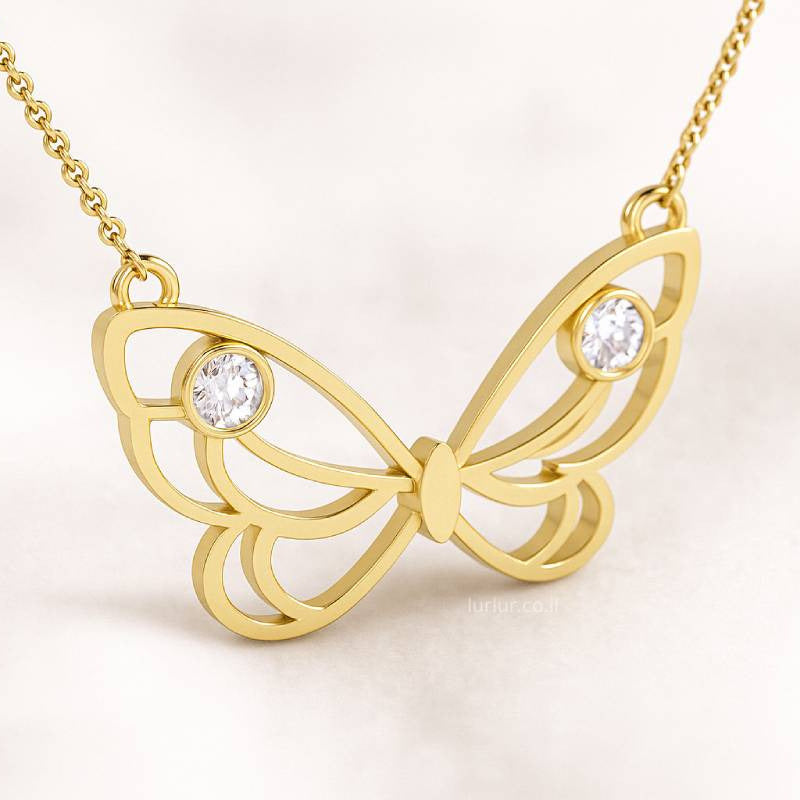 Gold butterfly necklace with diamonds on a light pink background