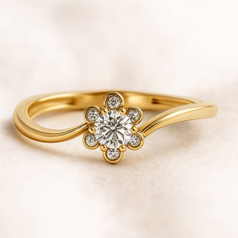 Gold ring with a diamond on a light beige background