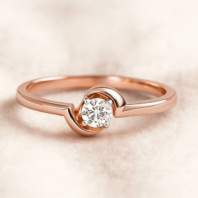 Rose gold ring with a diamond on a soft beige background