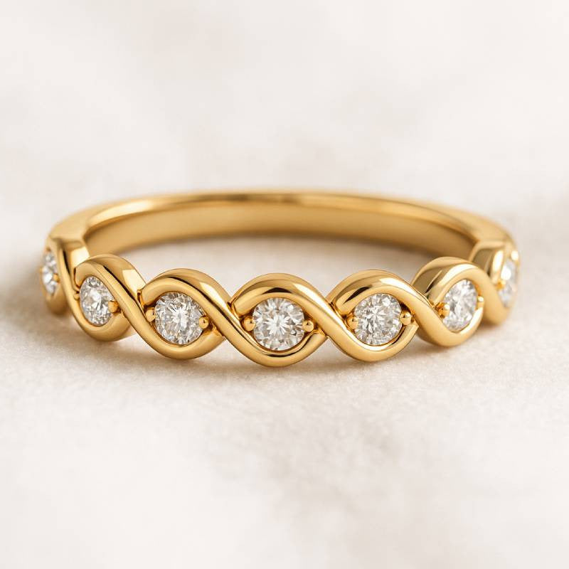 Gold ring with diamonds on a light beige background
