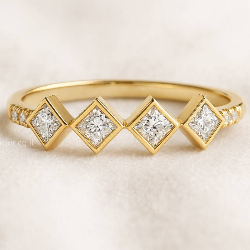 Gold ring with diamond on a light beige background