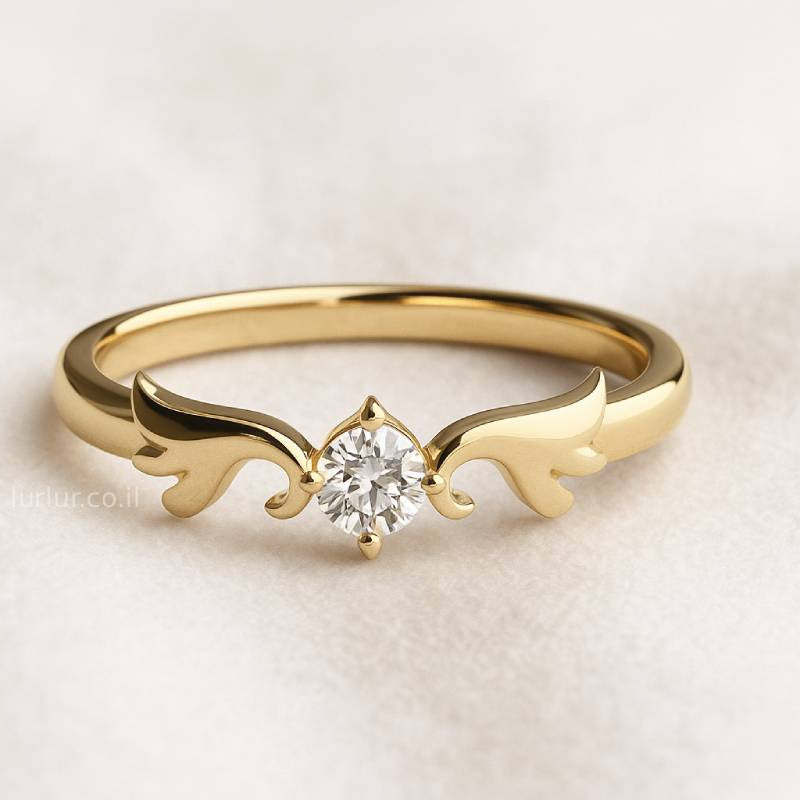 Gold ring with a diamond on a light beige background