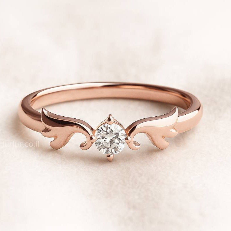 Rose gold ring with a diamond on a light beige background