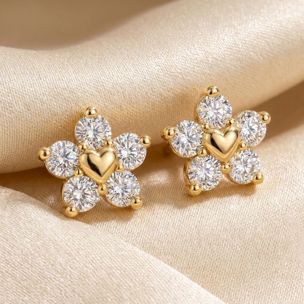 Gold earrings with heart and diamond 