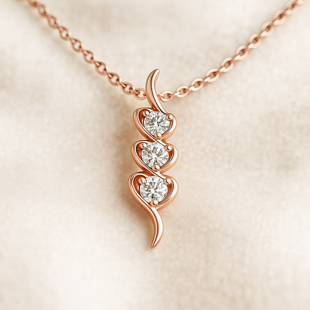 Rose gold necklace with a unique pendant on a soft beige background