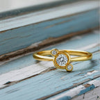 Gold ring with a diamond on a wood background