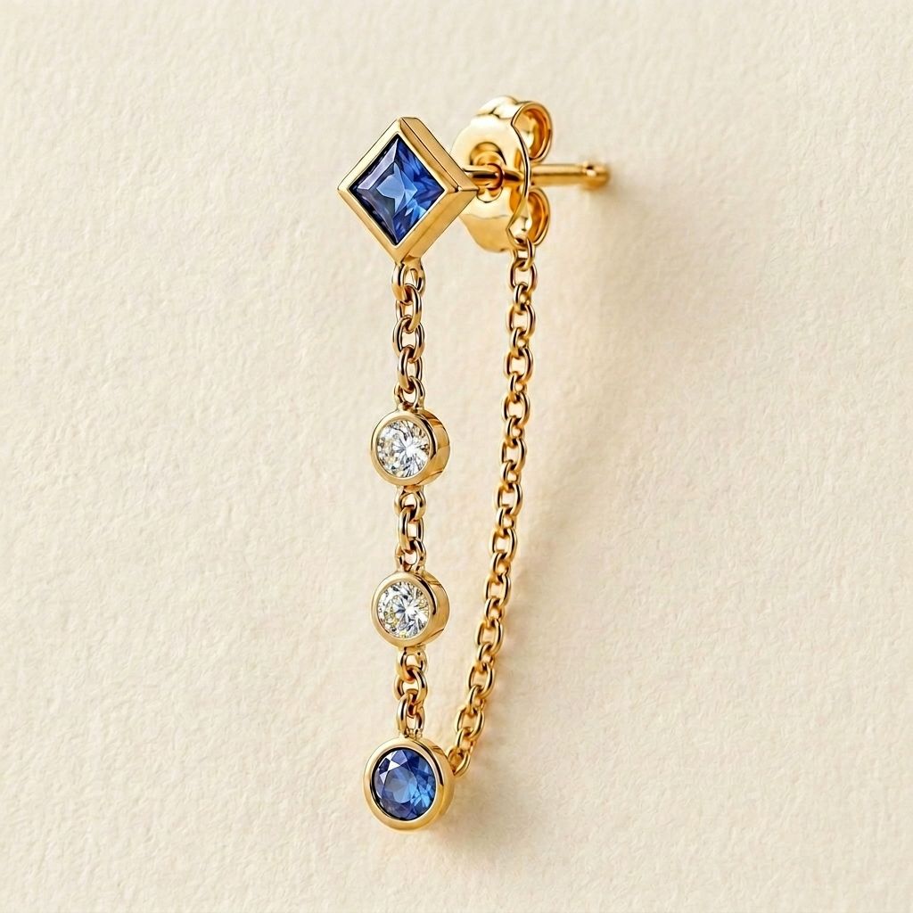 לני- עגיל ספיר כחול טבעי ויהלומים זהב צהוב